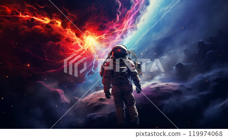 An astronaut person floats in space with a dramatic backdrop of swirling red purple and blue nebulae 119974068
