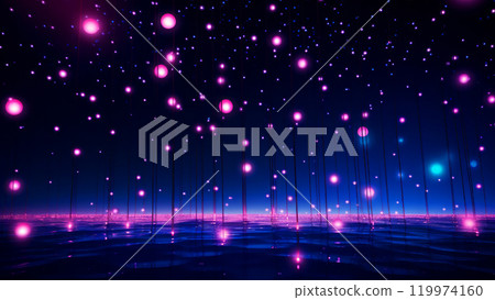 A sky filled with glowing neon pink orbs reflected over a water surface. 119974160