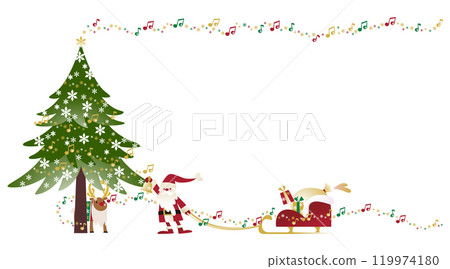 Santa Claus pulling a sleigh and a reindeer hiding in a shining fir tree_frame Santa Claus pulling a sleigh and a reindeer hiding in a shining fir tree_frame 119974180