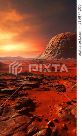 Martian landscape with rocky terrain and a reddish sky at sunset Martian landscape with rocky terrain and a reddish sky at sunset 119974200