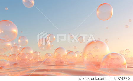 Transparent bubbles floating over a reflective surface at sunset 119974220