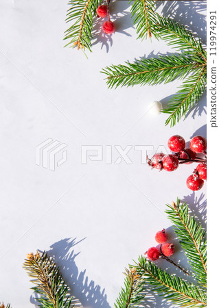 Festive arrangement of fresh pine branches and bright red berries on a light background, capturing the spirit of winter celebrations 119974291