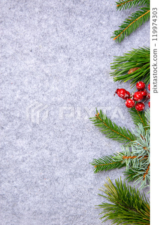 Beautiful holiday greenery with red berries arranged on gray felt background for festive decorations and craft projects 119974303