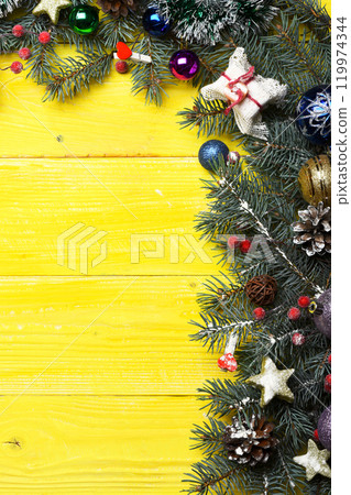 Composition of Christmas tree decor, copy space. 119974344