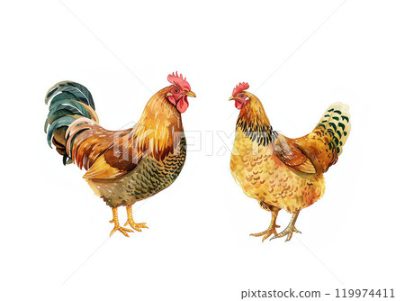 Colorful illustration of rooster and hen standing together on white background, watercolor illustration Colorful illustration of rooster and hen standing together on white background, watercolor illustration 119974411