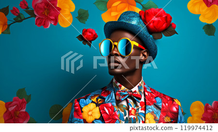 Contemporary pop art portrait of handsome African man wearing tie bow and sunglasses on a blue blooming flower background. Modern drawing painting poster Contemporary pop art portrait of handsome African man wearing tie bow and sunglasses on a blue blooming flower background. Modern drawing painting poster 119974412