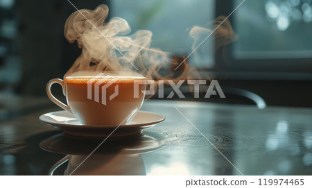 Steaming cup of coffee on a reflective surface with a soft blurred background 119974465