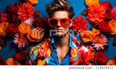 Modern pop art portrait of handsome man wearing floral jacket on blooming background. Contemporary drawing painting poster of stylish fashion people in vintage retro style 119974472