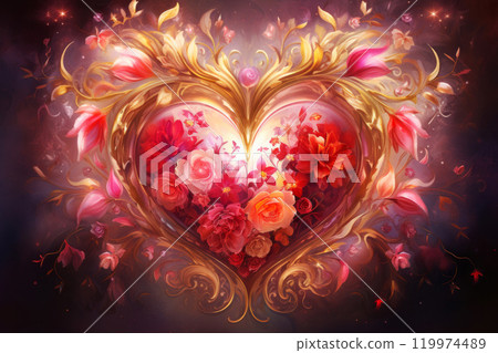 Ornate golden swirls frame a heart filled with vibrant blooms on a dark backdrop. Love concept 119974489