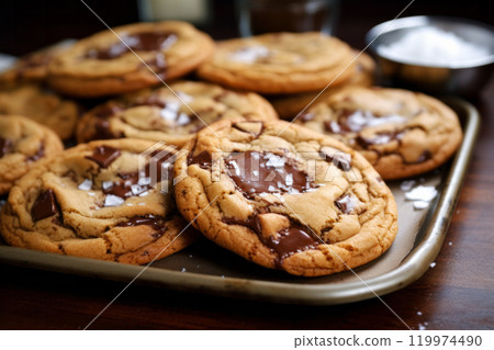 A tray filled with homemade chocolate chip cookies on a wooden table. Homemade bakery concept 119974490