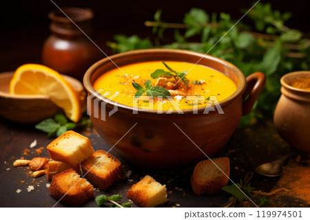 Pumpkin soup in a carved bowl garnished with cream croutons and fresh herbs on rustic table. Traditional food concept 119974501