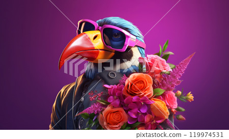 Anthropomorphic hyperrealistic cyberpunk male bird character with big red yellow beak wearing pink sunglasses holding bouquet of flowers on minimal purple violet background. Modern pop art 119974531