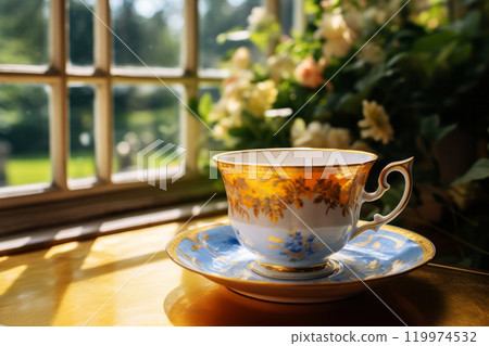 A classic teacup with floral designs on a wooden table by a window with a garden view in warm sunlight. Cozy home concept A classic teacup with floral designs on a wooden table by a window with a garden view in warm sunlight. Cozy home concept 119974532