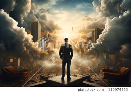 Man in a suit standing on a platform looking out over a dramatic apocalyptic destroyed city full with clouds and mist with the sun breaking through the sky. Business finance crisis concept 119974533