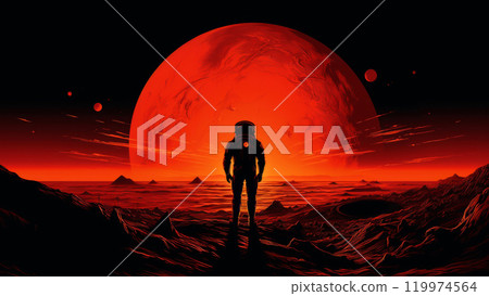 An astronaut stands facing a gigantic red planet on a desolate alien landscape under a crimson sky 119974564