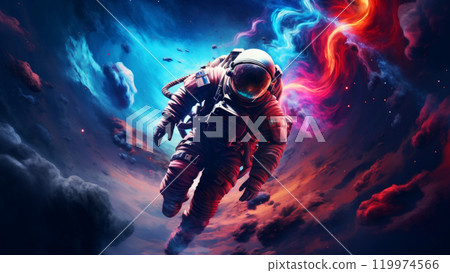 An astronaut drifts in space on a swirling backdrop of vivid red and blue nebulae 119974566