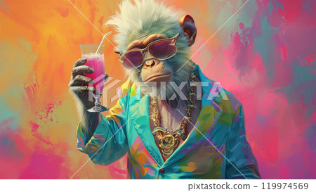 Fashionable anthropomorphic hyperrealistic male monkey character making cheers with refreshing cocktail dressed in a flamboyant colorful jacket. Fantasy creature concept 119974569