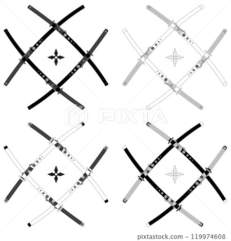 Katanas crossed with shuriken weapons from Japan Katanas crossed with shuriken weapons from Japan 119974608