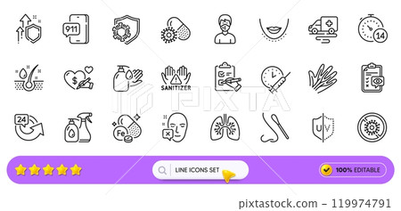 Coronavirus pills, Medical mask and Uv protection line icons for web app. Pack of Wash hands, Veins, Stop coronavirus pictogram icons. Emergency call, Nasal test, Ambulance transport signs. Vector 119974791