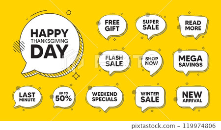Offer speech bubble icons. Happy thanksgiving tag. Happy family holiday message. Autumn thank you day. Happy thanksgiving chat offer. Speech bubble discount banner. Text box balloon. Vector 119974806