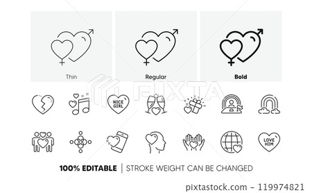 Wedding glasses, Lgbt and Love him line icons. Pack of Rainbow, Love gift, Male female icon. Hold heart, Inclusion, Nice girl pictogram. Broken heart, Friend. For web app, printing. Line icons. Vector Wedding glasses, Lgbt and Love him line icons. Pack of Rainbow, Love gift, Male female icon. Hold heart, Inclusion, Nice girl pictogram. Broken heart, Friend. For web app, printing. Line icons. Vector 119974821