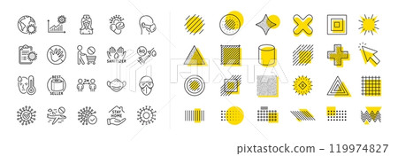 Medical mask, washing hands hygiene, protective glasses. Design shape elements. Coronavirus line icons. Stay home, hands sanitizer, coronavirus epidemic mask icons. Vector Medical mask, washing hands hygiene, protective glasses. Design shape elements. Coronavirus line icons. Stay home, hands sanitizer, coronavirus epidemic mask icons. Vector 119974827