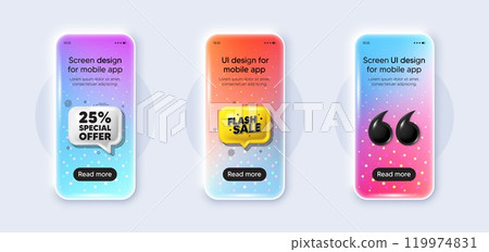 Phone 3d mockup gradient screen. 25 percent discount offer tag. Sale price promo sign. Special offer symbol. Discount phone mockup message. Flash sale chat speech bubble. Yellow text box app. Vector Phone 3d mockup gradient screen. 25 percent discount offer tag. Sale price promo sign. Special offer symbol. Discount phone mockup message. Flash sale chat speech bubble. Yellow text box app. Vector 119974831