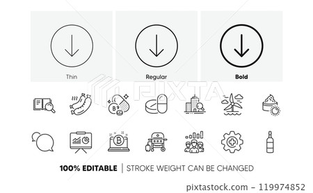 Gas grill, Presentation and Brandy bottle line icons. Pack of Messenger, Inspect, Grilled sausage icon. Bitcoin, Windmill, Sun cream pictogram. Folate vitamin, Scroll down, Medical drugs. Vector Gas grill, Presentation and Brandy bottle line icons. Pack of Messenger, Inspect, Grilled sausage icon. Bitcoin, Windmill, Sun cream pictogram. Folate vitamin, Scroll down, Medical drugs. Vector 119974852