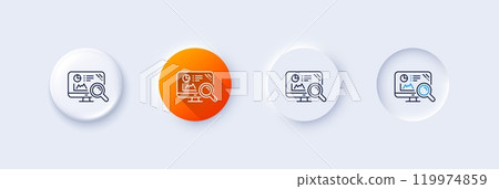 Seo statistics line icon. Neumorphic, Orange gradient, 3d pin buttons. Search engine sign. Analytics chart symbol. Line icons. Neumorphic buttons with outline signs. Vector Seo statistics line icon. Neumorphic, Orange gradient, 3d pin buttons. Search engine sign. Analytics chart symbol. Line icons. Neumorphic buttons with outline signs. Vector 119974859