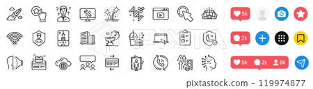 5g wifi, Face id and Inflation line icons pack. Social media icons. Security agency, Meeting, Rate button web icon. Support consultant, Fireworks, Call center pictogram. Vector 5g wifi, Face id and Inflation line icons pack. Social media icons. Security agency, Meeting, Rate button web icon. Support consultant, Fireworks, Call center pictogram. Vector 119974877