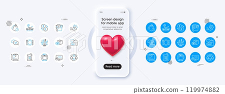 Phone mockup with 3d heart icon. Box size, Approved and Fish line icons. Pack of Fireworks stars, Packing boxes, Car place icon. Restaurant food, Toilet paper, Time management pictogram. Vector 119974882