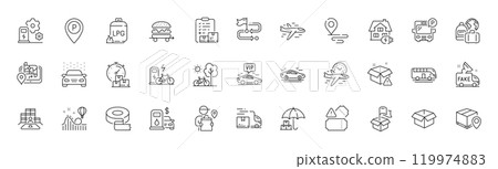 Place, Car wash and Fake news line icons. Pack of Vip transfer, Gps, Parking icon. Flight time, Baggage, Home charging pictogram. Bicycle, Delivery warning, Food delivery. Bus tour. Line icons. Vector 119974883