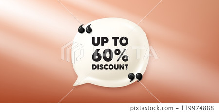 Up to 60 percent discount. Chat speech bubble 3d banner. Sale offer price sign. Special offer symbol. Save 60 percentages. Discount tag chat message. Speech bubble red banner. Text balloon. Vector 119974888