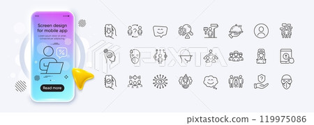 Artificial intelligence, Smile face and Medical mask line icons for web app. Phone mockup gradient screen. Pack of Business way, Face scanning, Partnership pictogram icons. Vector Artificial intelligence, Smile face and Medical mask line icons for web app. Phone mockup gradient screen. Pack of Business way, Face scanning, Partnership pictogram icons. Vector 119975086