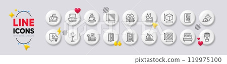 Open door, Triangle area and Stand lamp line icons. White buttons 3d icons. Pack of Takeaway coffee, Coffee vending, Pillows icon. Box size, Furniture, Terrace pictogram. Vector Open door, Triangle area and Stand lamp line icons. White buttons 3d icons. Pack of Takeaway coffee, Coffee vending, Pillows icon. Box size, Furniture, Terrace pictogram. Vector 119975100