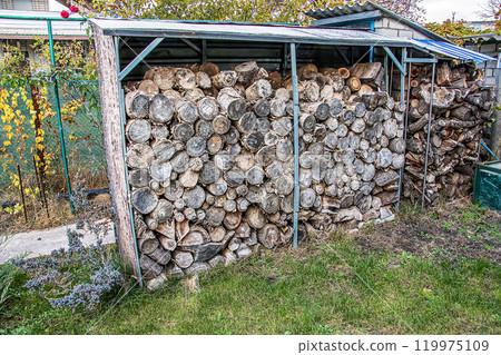 A pile of stacked firewood prepared for heating a house. Heating in winter. Isolation concept A pile of stacked firewood prepared for heating a house. Heating in winter. Isolation concept 119975109