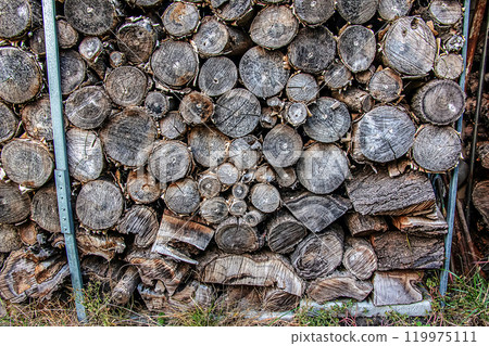 A pile of stacked firewood prepared for heating a house. Heating in winter. Isolation concept A pile of stacked firewood prepared for heating a house. Heating in winter. Isolation concept 119975111