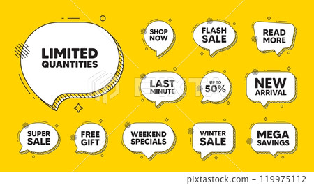 Offer speech bubble icons. Limited quantities tag. Special offer sign. Sale promotion symbol. Limited quantities chat offer. Speech bubble discount banner. Text box balloon. Vector Offer speech bubble icons. Limited quantities tag. Special offer sign. Sale promotion symbol. Limited quantities chat offer. Speech bubble discount banner. Text box balloon. Vector 119975112