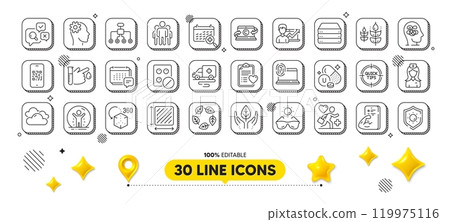 Patient history, Anxiety and Message line icons pack. 3d design elements. Tips, Qr code, Cloudy weather web icon. Augmented reality, Medical tablet, Blood donation pictogram. Vector 119975116