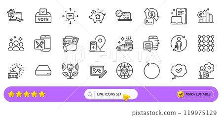 Photo edit, Approved and Food app line icons for web app. Pack of 5g internet, Vote box, Loop pictogram icons. Job, Food delivery, Money transfer signs. Replacement, Sms, Charging station. Vector Photo edit, Approved and Food app line icons for web app. Pack of 5g internet, Vote box, Loop pictogram icons. Job, Food delivery, Money transfer signs. Replacement, Sms, Charging station. Vector 119975129