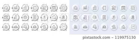 Square meter, Lighthouse and Market sale line icons. White pin 3d buttons, chat bubbles icons. Pack of Inspect, Buildings, Loan house icon. Market, Terrace, Arena stadium pictogram. Vector Square meter, Lighthouse and Market sale line icons. White pin 3d buttons, chat bubbles icons. Pack of Inspect, Buildings, Loan house icon. Market, Terrace, Arena stadium pictogram. Vector 119975130