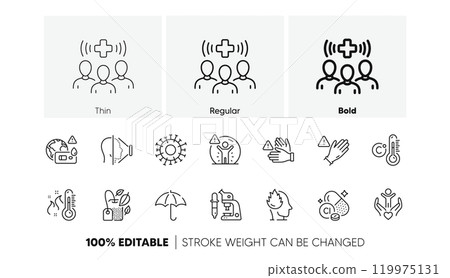 Coronavirus, High thermometer and Face id line icons. Pack of Umbrella, Celsius thermometer, Use gloves icon. Chlorine mineral, Covid test, Microscope pictogram. Volunteer, Dont touch. Vector 119975131