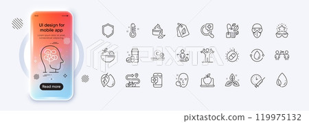 Thermometer, Social distancing and Collagen skin line icons for web app. Phone mockup gradient screen. Pack of Fruits, Best glasses, Medical analyzes pictogram icons. Vector 119975132