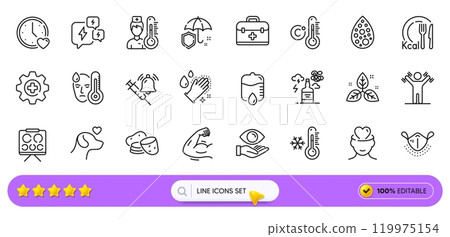 Washing hands, Potato and Fair trade line icons for web app. Pack of Umbrella, Artificial colors, First aid pictogram icons. Pets care, Thermometer, Health eye signs. Calories. Search bar. Vector Washing hands, Potato and Fair trade line icons for web app. Pack of Umbrella, Artificial colors, First aid pictogram icons. Pets care, Thermometer, Health eye signs. Calories. Search bar. Vector 119975154