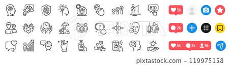 Romantic talk, Fingerprint and Couple line icons pack. Social media icons. Medical vaccination, Cursor, Teamwork web icon. Question button, Idea, Phone payment pictogram. Vector 119975158