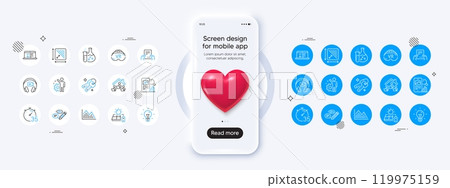 Phone mockup with 3d heart icon. Headphones, Investment graph and Phone search line icons. Pack of Keys, Keywords, Square area icon. Receive file, Idea, Web lectures pictogram. Vector 119975159