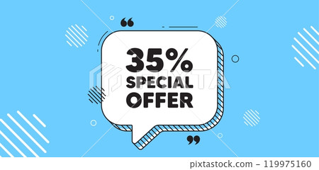 35 percent discount offer tag. Chat speech bubble banner. Sale price promo sign. Special offer symbol. Discount chat message. Speech bubble blue banner. Text balloon. Vector 119975160