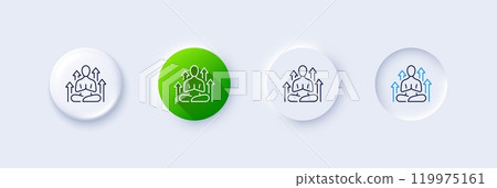 Yoga line icon. Neumorphic, Green gradient, 3d pin buttons. Meditation pose sign. Relax body and mind symbol. Line icons. Neumorphic buttons with outline signs. Vector 119975161