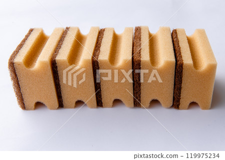 five dish yellow sponges on the white background. five dish yellow sponges on the white background. 119975234