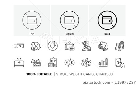 Wallet, Coins and Contactless payment line icons. Pack of Money transfer, Cash back, Change money icon. Bribe, Check investment, Graph chart pictogram. Report, Bid offer, Download arrow. Fraud. Vector Wallet, Coins and Contactless payment line icons. Pack of Money transfer, Cash back, Change money icon. Bribe, Check investment, Graph chart pictogram. Report, Bid offer, Download arrow. Fraud. Vector 119975257